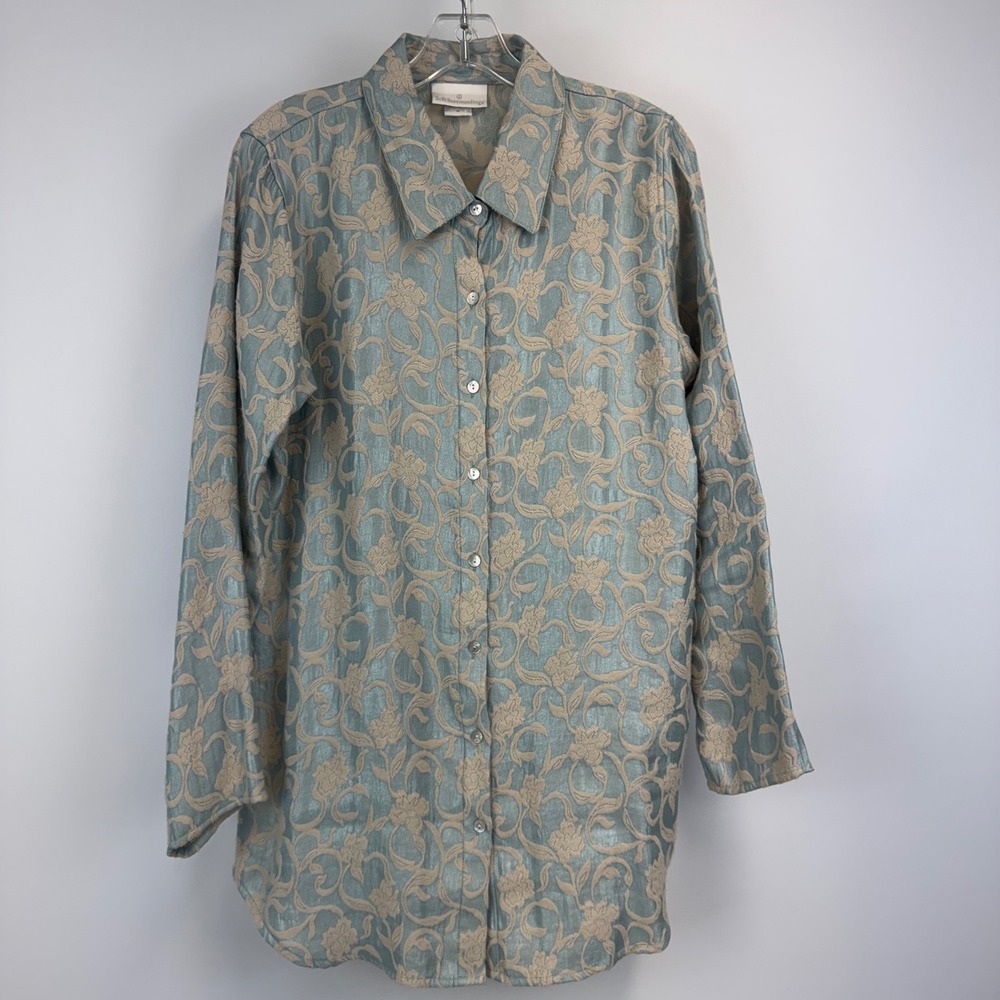 Soft Surroundings Womens Blue Jacquard Floral Scroll Shimmer Tunic Shirt Size M